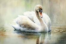 Graceful Swan On Lake In Watercolors With Soft Tones - Generative AI
