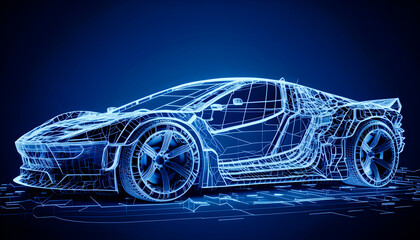 Frontside Futuristic AR Supercar wireframe concept, generative ai, Augmented reality wireframe of car concept with blue background	
