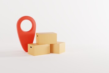 Canvas Print - A courier package, cardboard boxes and a tag, geotagging. Parcel delivery concept, couriers and logistics companies. Courier parcels. 3D render, 3D illustration.