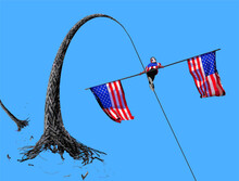 A Tight Rope Has Broken And A Wire Walker With USA Flags Is About To Fall In This Illustration About US Foreign Policy Problems. This Is A 3-d Vector Illustration.