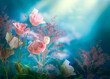 Fantasy Eustoma flowers growing in enchanted fairy tale dreamy garden with fabulous fairytale blooming tender roses in early magical morning on mysterious floral blue background with dawn sun rays.