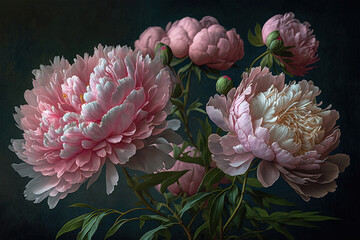 Wall Mural - Delicate peony bouquet. Luxurious flowers on dark background. AI