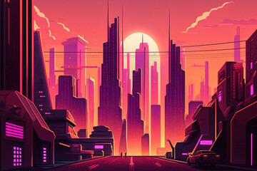 futuristic urban neon. Sunny day in a futuristic metropolis. Cyberpunk inspired wallcoverings. industrial setting with enormous, futuristic skyscrapers and brilliant neon lighting. illustration