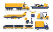 © Rudzhan - Set of logistics. Collection of vehicles for transporting goods, cargo and parcels. Drone, truck, train, plane and ship. Scooter and van. Cartoon flat vector illustrations isolated on white background