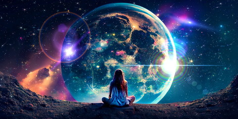  young woman sit on earth and watch big moon  on space night starry sky flares esoteric concept background generated ai