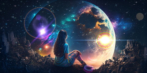 Wall Mural - young woman sit on earth and watch big moon on space night starry sky flares esoteric concept backgr