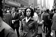 © Road Red Runner - Vintage, black and white portrait of a black woman walking down a crowded street in an American city. Ai generated.