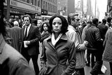 Vintage, Black And White Portrait Of A Black Woman Walking Down A Crowded Street In An American City. Ai Generated.