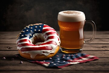 A cool beer and an American flag donut to celebrate Independence Day. Ai generated.