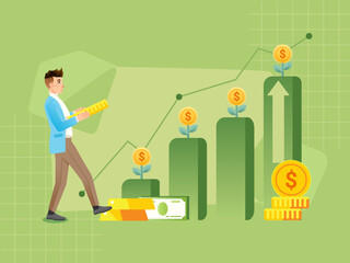 Businessman walking growth investment profit increase revenue progress rising up chart vector illustration