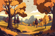 Cartoon style illustration of an autumnal countryside with trees. Generative AI