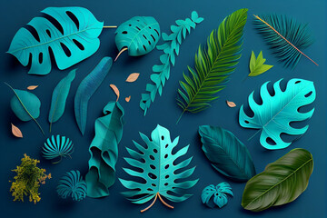 Wall Mural - Set of Tropical leaves on blue background. Beautiful tropical exotic foliage, image ai generate