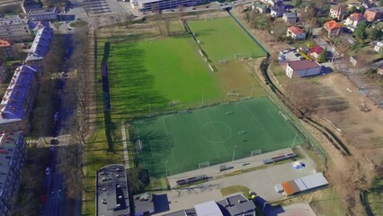 Poster - Football field seen from drone, air. Aerial view of soccer field, sport and soccer game concept.