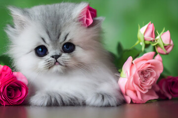 Wall Mural - cute small baby kitten lies among the pink roses, generative AI