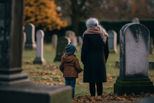 Rear View Of A Child And Grandparent In A Cemetery Looking, Contemplating, Reflexing, Sadness, Loss, Generative Ai