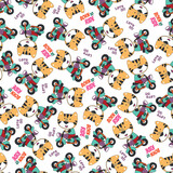 Fototapeta Dinusie - Cute little tiger riding motorcycle, funny animal cartoon,vector illustration. Creative vector childish background for fabric, textile, nursery wallpaper, poster, card, brochure. and other decoration.