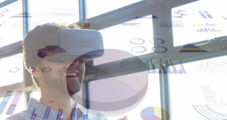 Sticker - Animation of financial data processing over caucasian businessman wearing vr headset in office