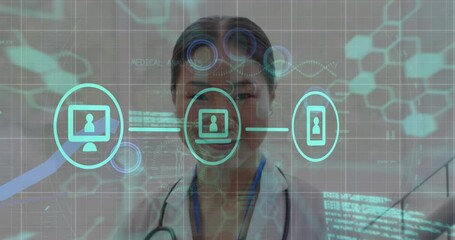 Poster - Animation of medical data processing over asian female doctor