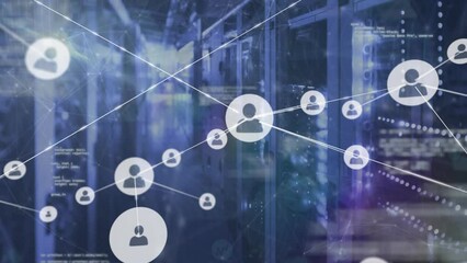 Animation of connected icons over computer language against illuminated server room in background
