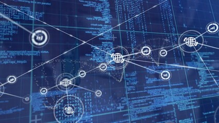 Animation of connected icons over computer language against blue background