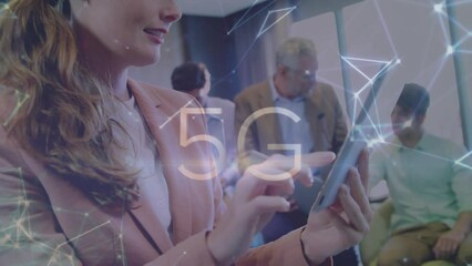 Sticker - Animation of 5g text and connected dots forming shapes over caucasian woman using tablet in office