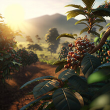 Paisagem de uma plantação de café mostrando o nascer do sol