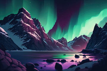 Wall Mural - Aurora borealis over snow covered mountains in green and purple. Polar lights in the sky with stars. Winter night scene with high rocks, a beach.