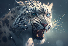 Close Up Portrait Of Roaring Snow Leopard