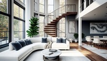 A Modern Style Living Room With Floor To Ceiling Glass Windows On The Left And Curved Wooden Stairs Heading Upstairs On The Right, Two White Sofas, Generative AI..