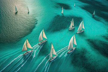 Poster - Beautiful sailboats sailing in a team on a sea of turquoise clarity was captured by an aerial drone, generative AI