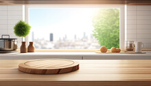 Wooden Texture Table Top On Blurred Kitchen Window Background. For Product Display Or Design Key Visual Layout. For Showcase Or Montage Your Items (or Foods). Product Display Mock Up. Generative AI