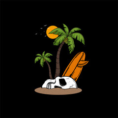 Vector illustration surf themed skull, tropical skull with coconut tree