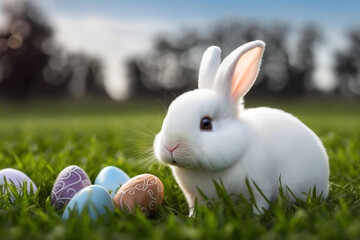 Easter rabbit bunny with easter chocolate egg on the grass color colorful eggs 