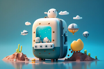 3d cartoon character cute suitcase on the summer travel vacation holiday idea concept design, image ai midjourney generated