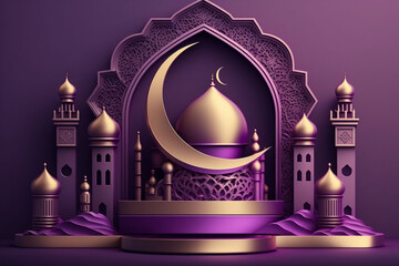  3D modern Islamic holiday banner is perfect for any Ramadan celebration, especially when displayed on a podium featuring a Ramadan lantern, metal moon, and mosque portal. Generative Ai