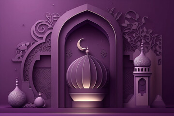  3D modern Islamic holiday banner is perfect for any Ramadan celebration, especially when displayed on a podium featuring a Ramadan lantern, metal moon, and mosque portal. Generative Ai