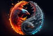 Fire Phoenix and Ice Dragon in the Yin and Yang on dark background. Abstract and Contrast symbol concept. Generative AI