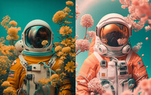 Surreal Illustration Of Spaceman With Flowers. 