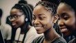 Group of Diverse and Empowered African American Black Youth Female High School Students Working Together in Coding Club : Power of Collaboration in Clubs, Sports Teams (generative AI)