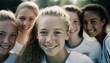 © Get Stock - Group of Diverse and Empowered Caucasian White Youth Female High School Students Working Together in Soccer : Power of Collaboration in Clubs, Sports Teams (generative AI)