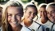 © Get Stock - Group of Diverse and Empowered Caucasian White Youth Female High School Students Working Together in Soccer : Power of Collaboration in Clubs, Sports Teams (generative AI)