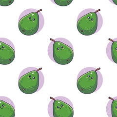 Wall Mural - Cute green kawaii Avocado seamless pattern in doodle style. Vector hand drawn cartoon Avocado illustration. Hand drawn Sketch of Avocado. Pattern for kids clothes.