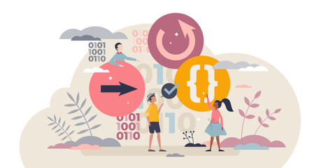 Wall Mural - coding for kids and children programming script learning tiny person concept, transparent background