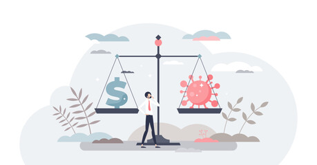 Wall Mural - Virus versus economy as pandemic financial crisis choice tiny person concept, transparent background. Scale measurement with health and money on weights illustration.