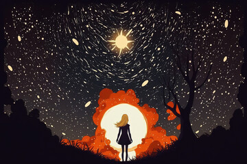Wall Mural - Slender girl turns to the universe. Generative AI
