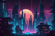 Cyberpunk style photorealistic illustration of a futuristic city. dazzling neon night. industrial cityscape in the future. Generative AI