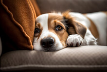 Close Up Portrait Of Cute Dog Lying On A Cozy Sofa. Bored Cute Lonely Pet Sleeping At Home Alone. 
Generative AI. 