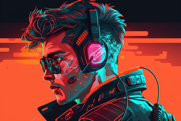 Wall Mural - A realistic illustration of a man in neon light decked out in cyberpunk attire, including a headset. a futuristic, high tech man from the future. the ideas of cyberpunk and virtual reality. Illustrati