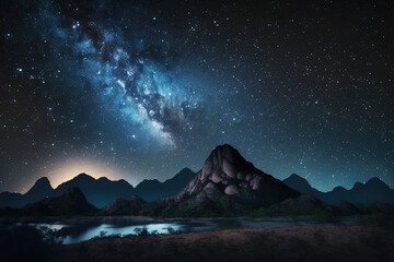 Wall Mural - night landscape mountain and milky way galaxy background, long exposure ,low light. Generative AI