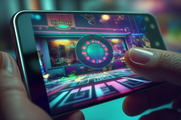 Illustration for online casino, pokies, gambling industry. Banner for App, mobile, desktop, tablet. Casino market, developers, concept. AI image